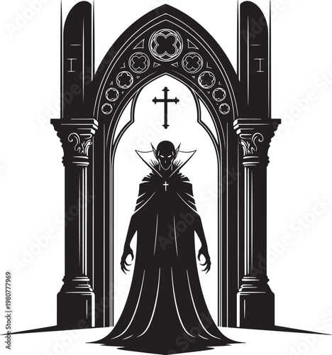 Gothic Vampire Silhouette Under Cross Archway in Dark Cathedral Vector