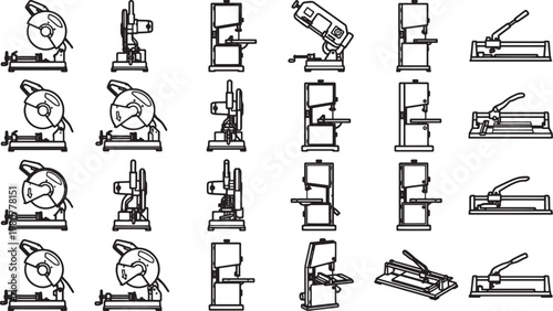Various meticulously drawn tools for cutting and shaping materials, each rendered in a clean, professional style, demonstrating the precision and craft of the trade. 