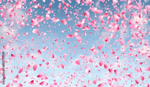Pink rose petals float gently against a bright blue sky, creating a dreamy and romantic atmosphere.