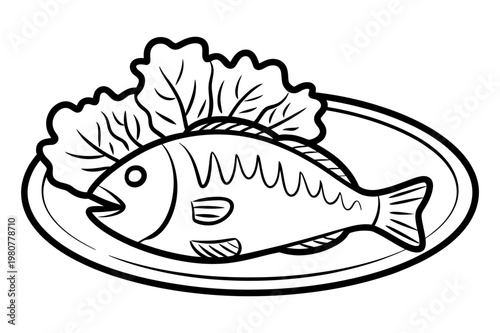 A minimalist vector illustration of a fish on a plate with lettuce