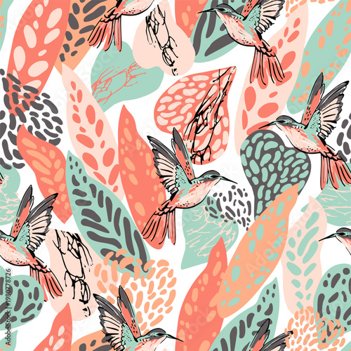 Abstract floral geometric shapes and birds seamless pattern. Tropic background: doodles, scribbles, abstract flowers leaves, humming birds. Vector illustration for textile fabric print design