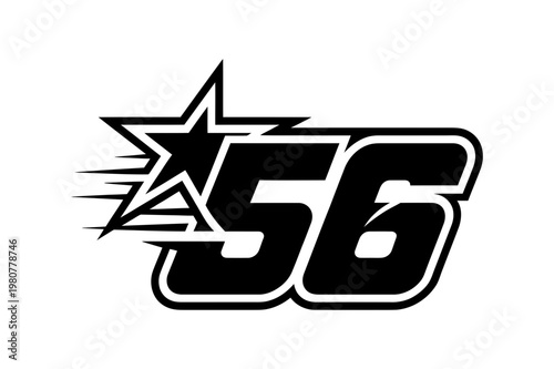 A black and white vector graphic illustration of a star and the number 56