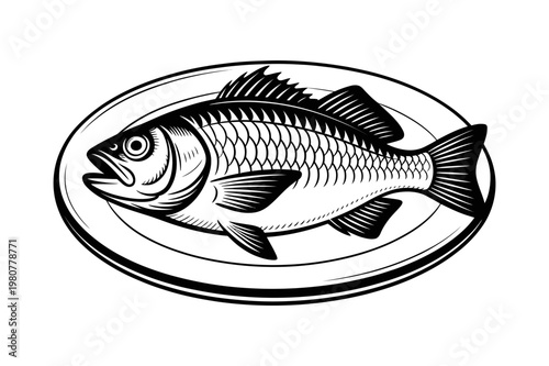A black and white vector illustration of a fish on a plate