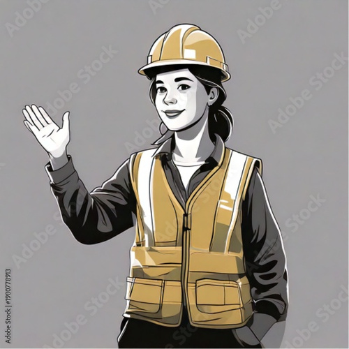 Female construction worker wearing safety vest and hard hat waving.