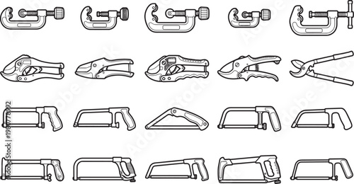 A comprehensive overview of various essential tools is elegantly presented, offering a practical illustration of their design. The tools, arranged methodically, portray their individual function. 