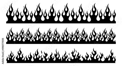 Black flame borders, fire lines, burning edges, vector graphics, decorative elements