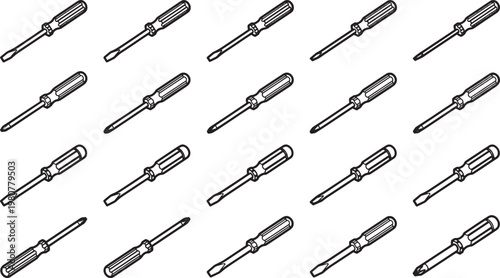 A grid of precisely rendered screwdrivers, minimalist illustration. 