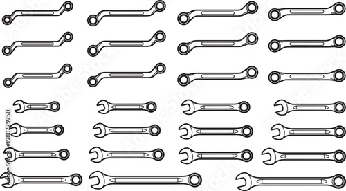 A comprehensive collection of various wrenches, perfectly aligned against a neutral backdrop, ready to fulfill any mechanical task with precision and ease.