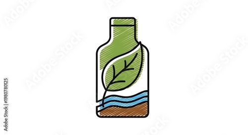 A stylized illustration features a bottle-shaped form with a leaf and water elements, showcasing an eco-friendly concept