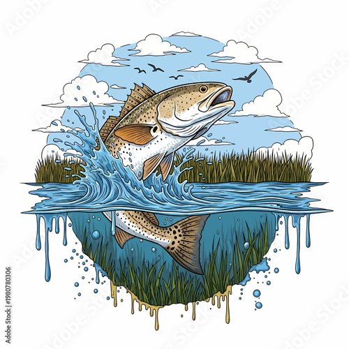 Speckled trout jumping out of water with marsh reeds in background