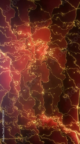 Dynamic glowing yellow lines form a complex, organic pattern against a fiery red and dark brown backdrop.