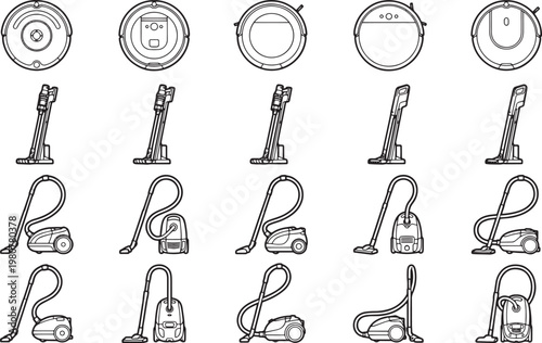 Detailed line art renderings showcasing a comprehensive array of innovative vacuum cleaner designs, highlighting sleek aesthetics and practical functionality. 