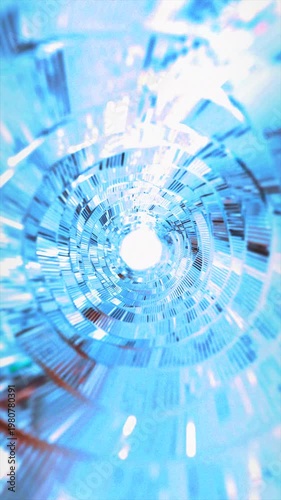 An abstract pastel blue tunnel with reflective glass rings and a bright white light in the center creates an immersive digital journey.