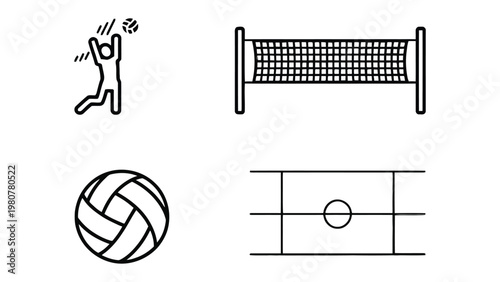 Volleyball Icons: A collection of stylized volleyball-related illustrations and line art designs that includes player, volleyball net, ball and court, with clean lines and a modern aesthetic.