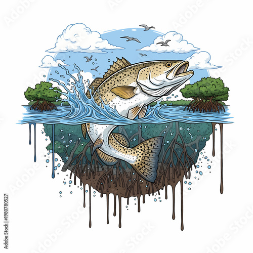 Speckled trout jumping out of water with mangrove scenery
