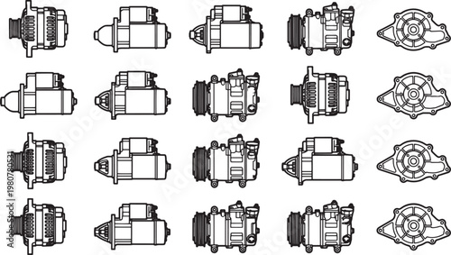 A variety of car starter motor parts are meticulously arranged, showing a detailed illustration.