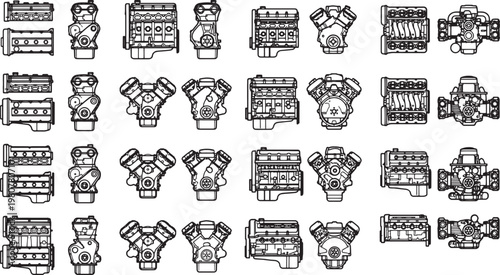 An array of car engine designs, a detailed graphic representing the power and complexity. The collection features various perspectives.