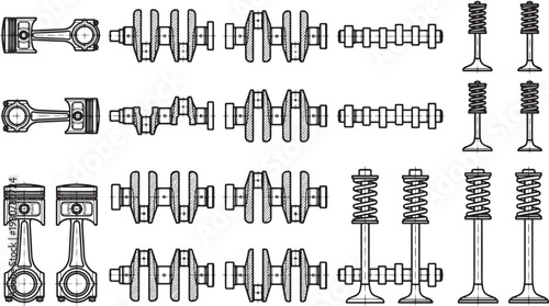 Precision illustration of internal combustion engine components, presented with clean lines and technical accuracy, suitable for educational or industrial applications.