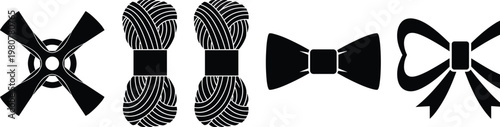 Black and white vector icon set featuring a propeller yarn balls and bow ties for craft hobby sewing and accessories