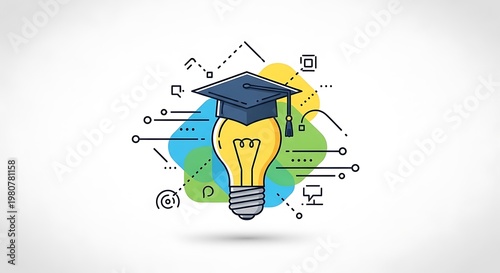 A stylized illustration features a glowing lightbulb wearing a graduation cap, surrounded by digital lines