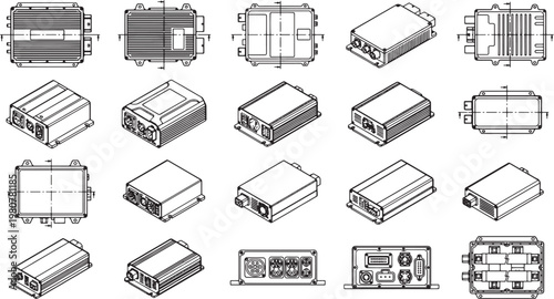 An array of industrial electrical components is meticulously presented in a technical drawing style, emphasizing detail and precision.