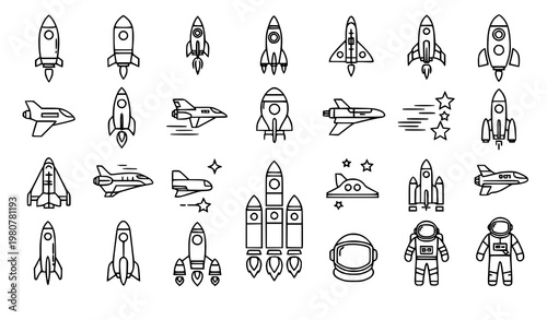 Rocket spaceship line icon set space technology vector collection