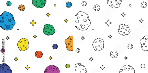 Colorful Asteroids and Stars in Space Cartoon Vector Background