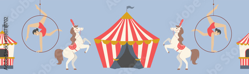 Seamless horizontal border featuring aerial gymnasts in hoops and circus horses. Vector illustration of repeating carnival pattern with red striped tent for kids party and nursery design