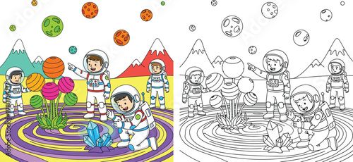 Astronauts Exploring Alien Planet with Crystals and Plants Cartoon Vector