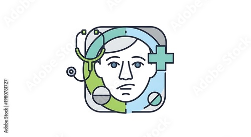 A stylized illustration features a human face incorporated with medical symbols such as a stethoscope, pills, and a cross