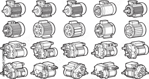 A detailed illustration showcases an array of electric motors, capturing the essence of industry and engineering. 
