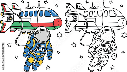 Astronaut Floating in Space Connected to Spaceship Cartoon Vector