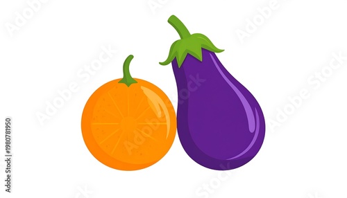 A stylized illustration features a halved orange beside a vibrant purple eggplant against a stark white backdrop