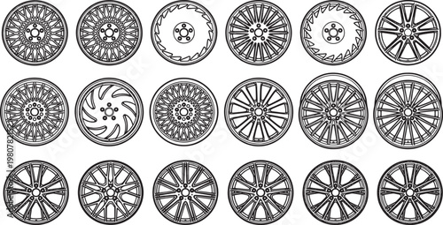 Array of car wheel designs, showcasing various unique rims, spokes, and patterns, with a monochrome aesthetic.