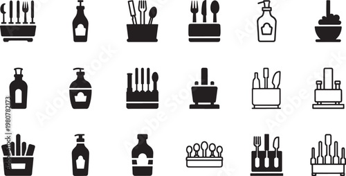 Black and white of household appliances and tools for web kitchenware cleaning tools