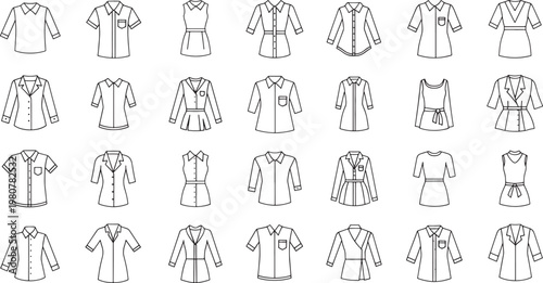 Black and white of various t-shirts with different necklines and sleeve styles short sleeve long sleeve