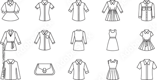 Black and white of various types of clothing and accessories fashion apparel shirts
