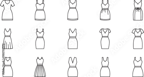 Black and white of various women dresses and outfits fashion clothing