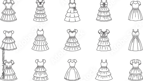 Black and white of various women dresses and gowns fashion clothing
