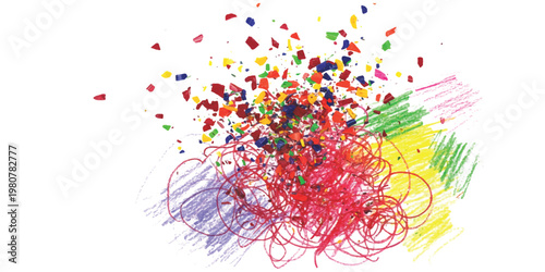 A vibrant and chaotic abstract composition featuring scattered fragments and intricate scribbles