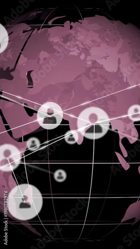 Vertical video: Magenta globe pulsing from west Africa, rotating east and forming tech icon hubs