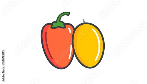 A stylized illustration features a red bell pepper with green stem next to a yellow, oblong fruit. Both are outlined in black