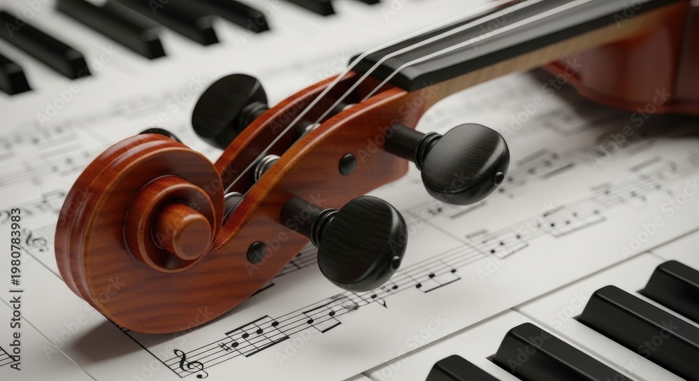 Fototapeta premium Violin Scroll Resting on Piano Keys with Sheet Music