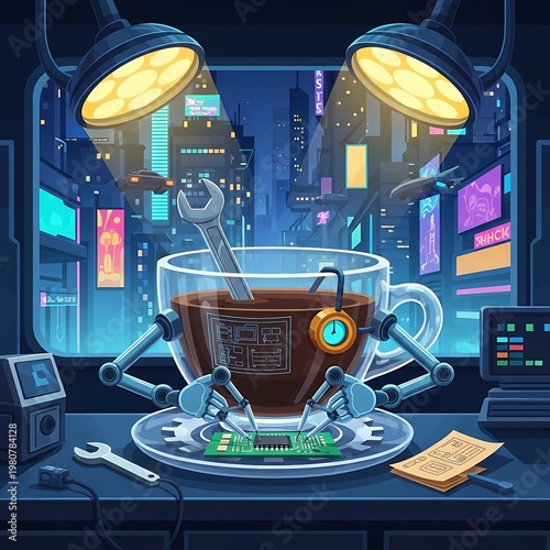 A stylized illustration features a robotic assembly inside a coffee cup, against a city backdrop