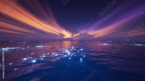 Deep Blue Ocean Meets a Twilight Sky Painted With Streaks of Orange and Purple Light