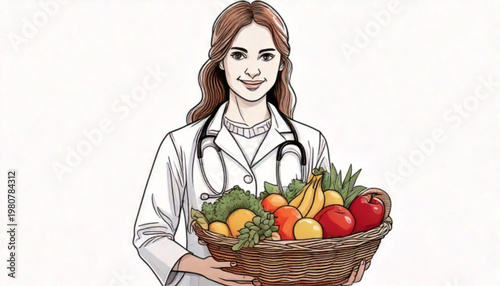 Doctor holding basket of fresh fruits and vegetables.