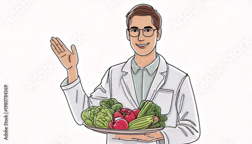 Nutritionist holding a plate of fresh vegetables and fruits.