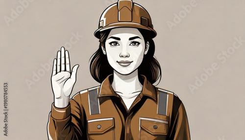 Woman construction worker wearing hard hat and uniform.
