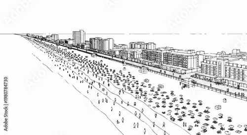 A linear perspective sketch of a bustling beach resort with hotels and crowds