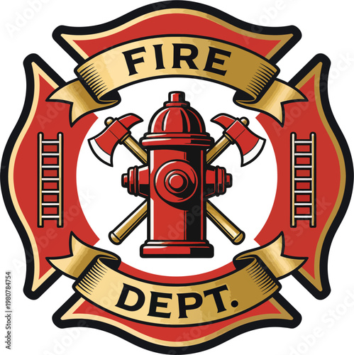 Fire Department Maltese Cross Emblem with Crossed Axes Red Hydrant Golden Banner